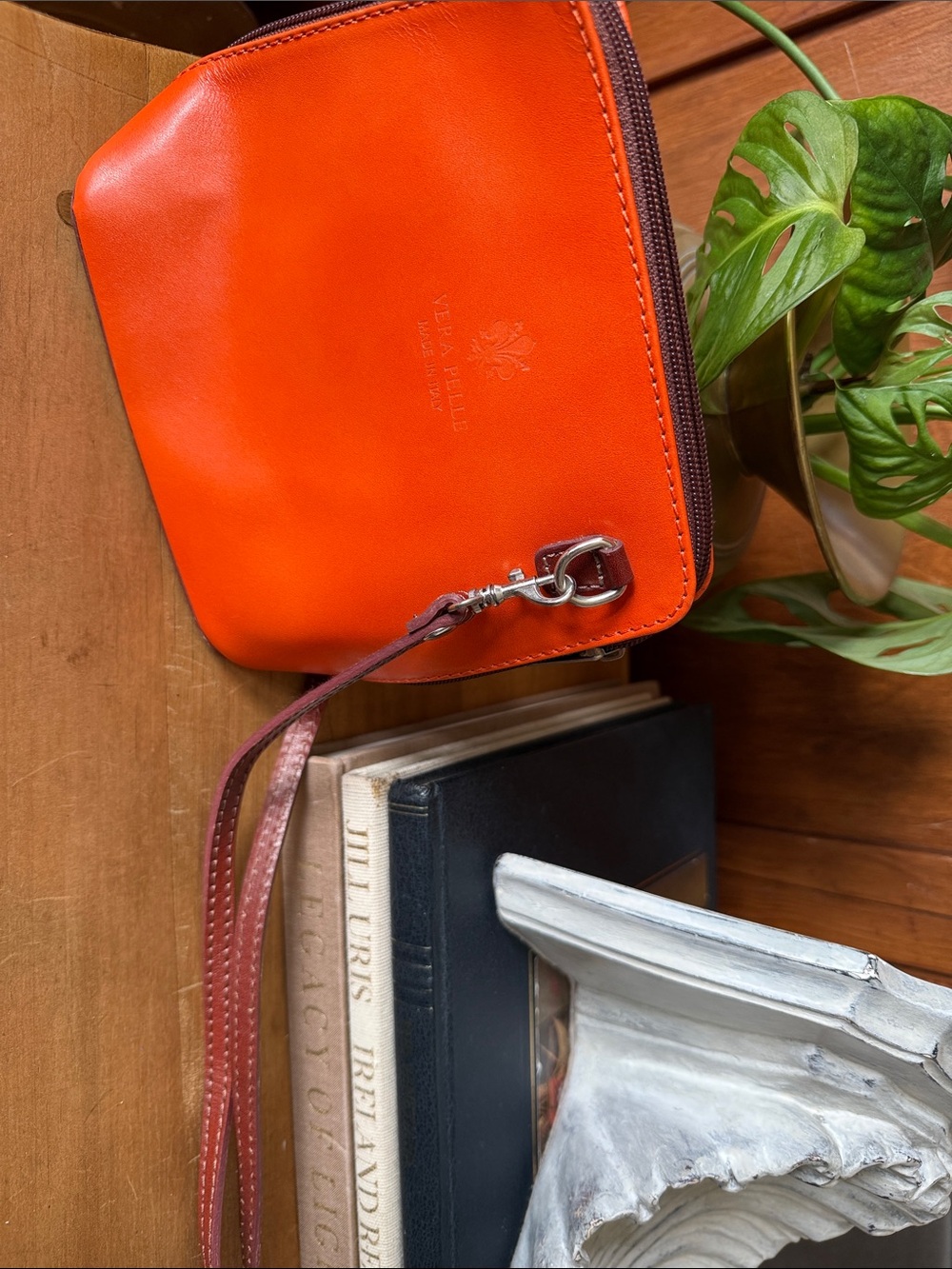 Vera Pelle Orange Leather Purse with Brown Strap
